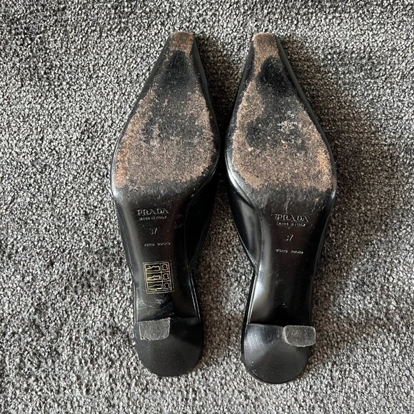 Prada Mules Black Leather Slip On Kitten Heels Slides Shoes Size 37 Made Italy - Picture 10 of 16